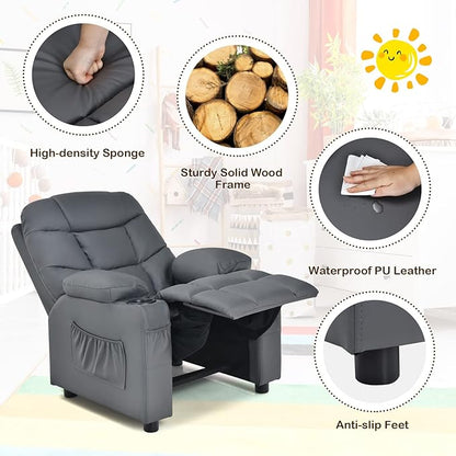 Costzon Kids Recliner Chair with Cup Holder, Adjustable Lounge Chair w/Footrest & Side Pockets for Children Boys Girls Room, Ergonomic Toddler Furniture Sofa, Kids Recliner (Grey)