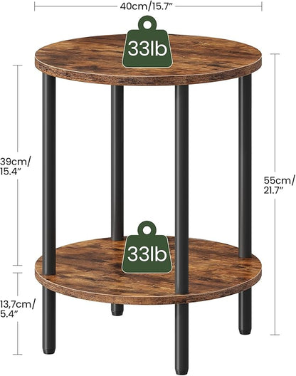 Round Side Table, 2-Tier End Table, Small Side Table with Metal Tube, Industrial Coffee Table, for Living Room, Bedroom, Rustic Brown and Black TBZ11BF