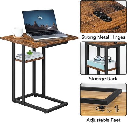 HOOBRO Foldable End Table, C Shaped Side Table with Storage Shelf, Small Snack Table Suitable for Living Room Bedroom Small Spaces, Easy Assembly, Rustic Brown BF29SF01