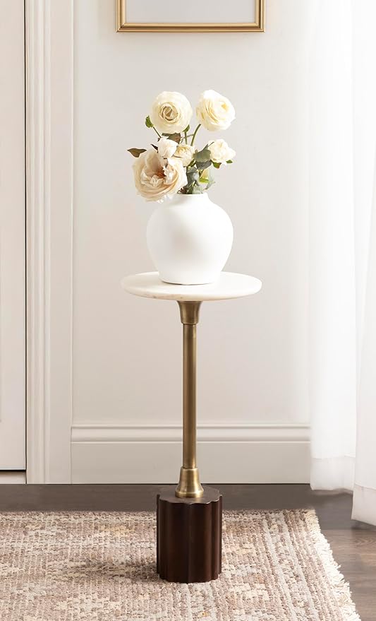 Kate and Laurel Nisha Traditional Marble Round Drink Table, 10 x 10 x 22, White Marble, Antique Brass, and Dark Brown, Vintage Mango Wood Circle Mini Table for Use as Plant Stand or Living Room Decor
