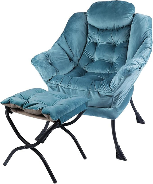Lazy Chair with Folding Ottoman,Living Room Chairs, Accent Contemporary Lounge Chair, Single Steel Frame Leisure Sofa Chair with Armrests and A Side Pocket (DL60GREEN)