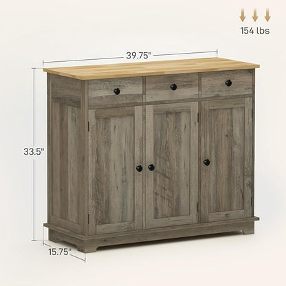 HOMCOM Sideboard with Solid Wood Countertop, Modern Kitchen Storage Cabinet, Coffee Bar Cabinet with 3 Drawers, Doors and Adjustable Shelf, Distressed Gray