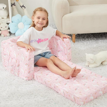 Viviland Kids Chairs for Toddler,2-in-1 Soft Toddler Couch Fold Out,Convertible Soft to Lounger Toddke Chair Comfy for Girls and Boys,Pink Unicorn