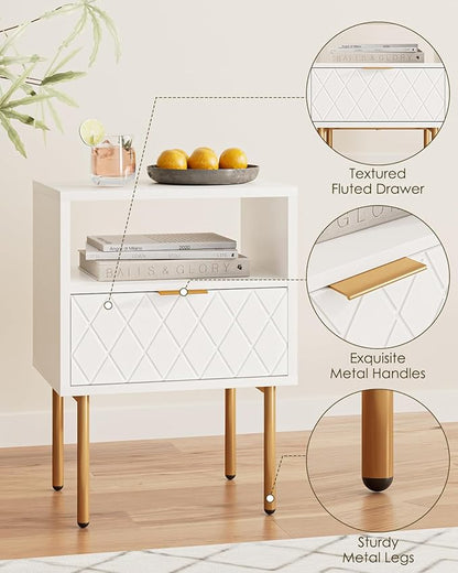 Nightstand,Morden Bedside Table with Gold Frame,Small White Night Stand,End Table,Bedside Furniture,Side Table with Drawer and Shelf for Bedroom,Living Room (1Drawer, White-Square)