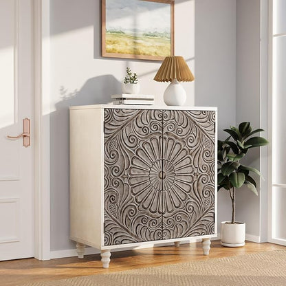COSIEST 32" W Sideboard Buffet Cabinet with Storage, Accent Cabinet with 2 Push-to-Open Magnetic Doors, Vintage MDF Buffet Table for Living Room, Kitchen, Hallway (Gray,Flower Pattern)