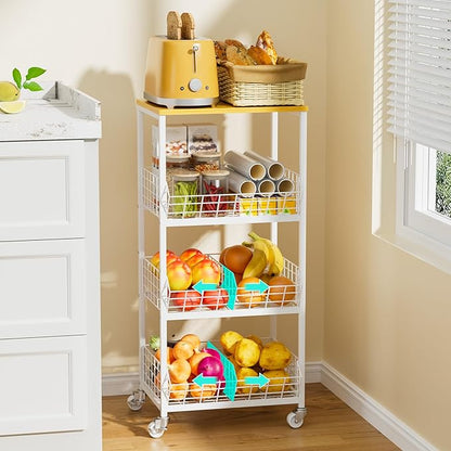 HapiRm Kitchen Fruit Vegetable Cart - 4 Tier Rolling Storage Rack with Wheels and Dividers, Coffee Station Cart Rack Shelf Organizer for Onion, Potato, Snack, Fruit, Vegetable Storage Stand, White