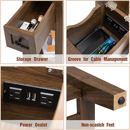 End Table with Movable Top and Charging Station, Narrow Side Table with Storage Cabinet and USB, Sofa Table for Living Room Bedroom