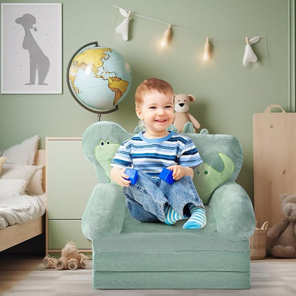 Dinosaur Kids Couch Fold Out 2-in-1 Toddler Sofa Fold Out with Blanket, Soft Toddler Chair Comfy for Boys Girls Baby, Convertible Sofa to Lounger for Napping Reading Playing Christmas, Green