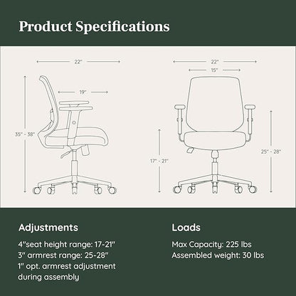 Branch Daily Chair - Vegan Leather Office Chair with Swivel, Lumbar Rest, and Adjustable Armrests - Comfortable Seating for Improved Posture and Productivity - Limestone