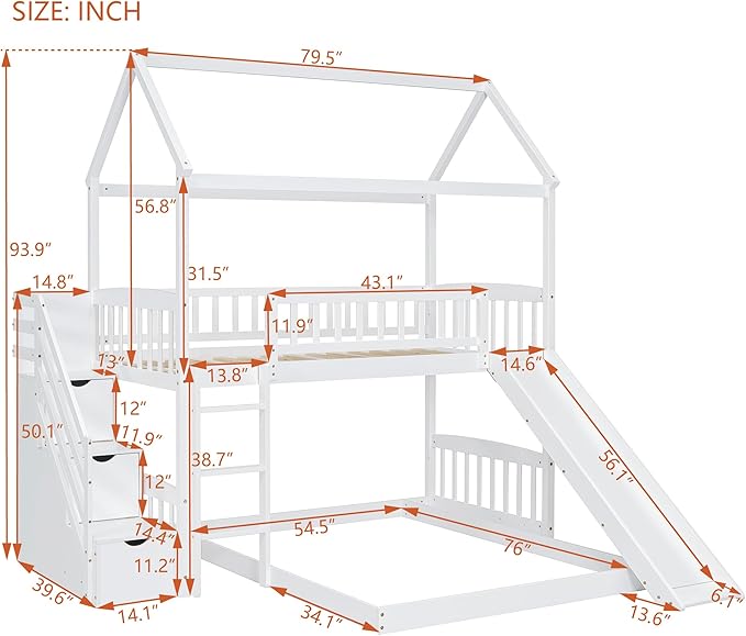 Ball & Cast Twin Over Twin Size House Bunk Bed with Slide and Storage Steps,Wood Bunkbed w/Full-Length Guard Rail & Ladder,Slat Support,Space Saving,Bedroom Furniture for Student Dorms,White