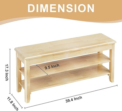 Shoe Storage Bench for Entryway - 3 Tier Shoe Rack for Front Door Entrance, Rubberwood Shoes Rack Height Adjustable, Entryway Bench with Shoes Storage for Any Room (Natural, 39.4" W)