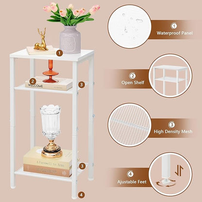 Hoctieon 2-Set 3 Tier End Table, Telephone Table Set of 2, Tall Side Table with Storage Set of 2, Small Nightstand for Small Spaces, Metal Frame, White