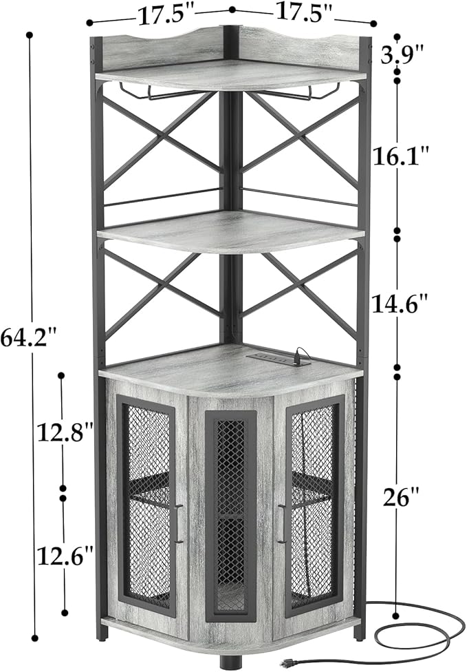 Aheaplus Corner Bar Cabinet with Power Outlet, Industrial Wine Cabinet with LED Strip and Glass Holder, 5-Tiers Liquor Cabinet Bar Unit for Home, Corner Display Cabinet for Small Space, White Oak