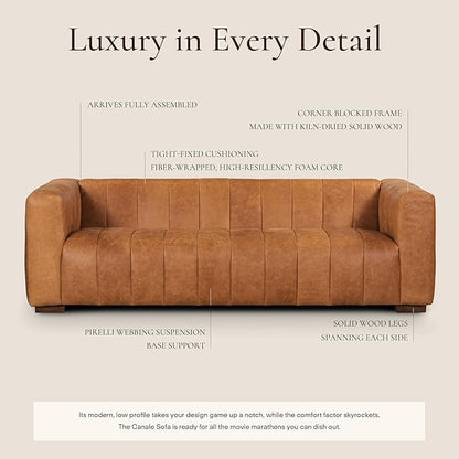 Poly & Bark Canale Leather Couch - 86 Inch Sofa - Full-Grain Channel Tufted Leather Sofa for Living Room - Living Room Couch - Pure Aniline Vintage Italian Leather in Cognac Tan