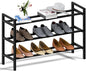 Haddockway Bamboo Shoe Rack for Closet, Free Standing Shoe Organizer with Smooth Round Rods & Convenient Handles, Stackable Shoe Storage Shelf for Entryway, Hallway(Black, 3-Tier)