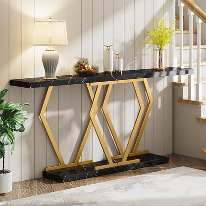 Tribesigns 70.9 Inch Extra Long Sofa Table，Black and Gold Console Table with Faux Marble Tabletop, Modern Long Entryway Table with Gold Frame