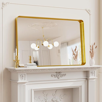 Koonmi Gold Bathroom Mirror for Wall, 30x40 Inch Matte Metal Deep Framed Rounded Corner Wall Mirror, Shatterproof Tempered Glass for Farmhouse Bedroom Entryway, Vertically or Horizontally