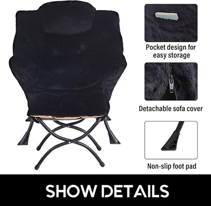 LITA Lazy Chair with Ottoman, Modern Accent Leisure Upholstered Sofa Chair, Lounge Reading Chair with Armrests and a Side Pocket for Living Room, Bedroom & Small Space, Plush Black
