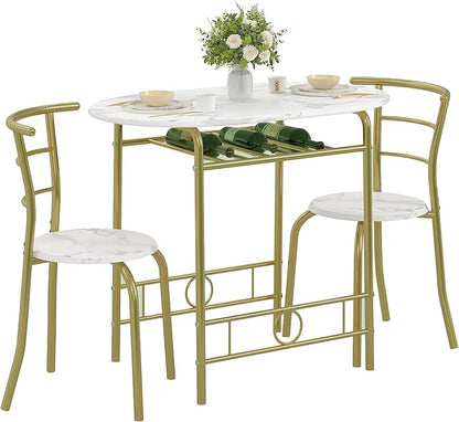 VECELO 3-Piece Dining Table Set for Kitchen Breakfast Nook, Wood Grain Oval Tabletop and Metal Frame with Built-in Wine Rack, for Small Spaces, White & Gold