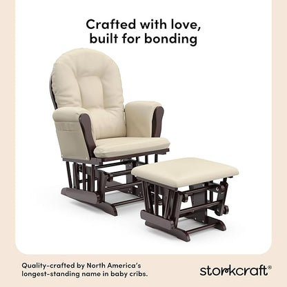 Storkcraft Premium Hoop Glider & Ottoman (Espresso with Beige) — GREENGUARD Gold Certified, Solid Wood Craftsmanship, Convenient Storage Pockets, Smooth-Gliding Chair for Nursery, Multi-Award-Winning
