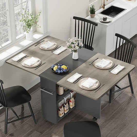GarveeHome Folding Dining Table, Space Saving Farmhouse Dining Table for 4 Storage Shelf, 6 Wheels Multipose Expandable Kitchen Drop Leaf Table for Small Space (Carlo Grey, 47.2"D x 23.6"W x 29.5"H)