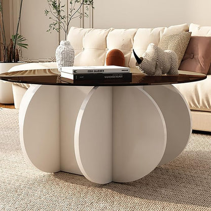 Mid Century Modern Round Glass Coffee Table for Living Room, Small Coffee Tables for Center Suitable for Bedroom Living Room Reception Office Tables (White/Brown)