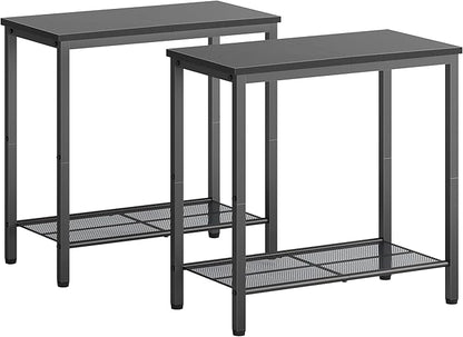 Hoctieon 2 Tier End Table, Sofa Side Table, Narrow Side Shelf with Storage, Slim Nightstand for Small Spaces, Metal Frame, for Living Room, Bedroom, Sofa Couch, Hall, Black, 2 Set