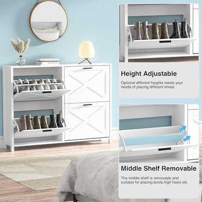 47" W Large Shoe Storage Cabinet with 4 Flip Drawers, Freestanding Hidden Shoe Cabinet Organizer with Adjustable Shelf, Narrow Shoe Cabinet for Entryway Hallway Living Room