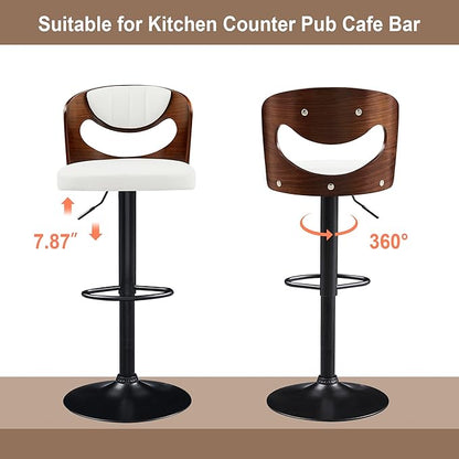 VECELO BarStools Set of 4,Kitchen Island Stools with Bentwood Back,Arm&Footrest,Counter Height Bar Chairs PU Leather Cushion Seat Adjustable Height 360°Swivel,Island Chairs for Club Pub,Creamy White