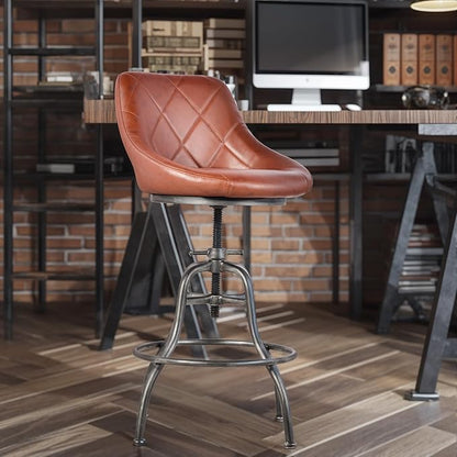Diwhy Industrial Counter Stool, 22.44"-27.17" Adjustable Height PU Backrest Seat Bar Stool, Vintage Kitchen Dining Chair with Footrest, for Kitchen, Dining Side Chair, Bistro, Brown Leather