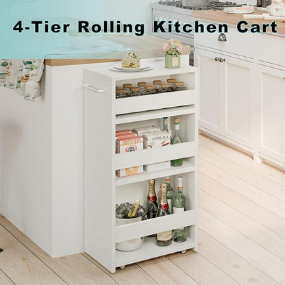 MARTY Rolling Storage Cart 7.9" W, 4-Tier Kitchen Cart with Wheels Handle, Slim Storage Cart Mobile Shelving Utility Carts for Bathroom Laundry Room Organization Narrow Places (All White)