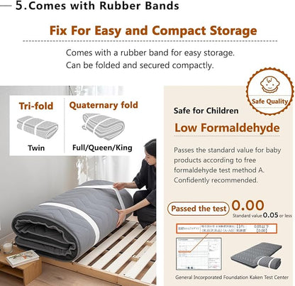 EMOOR Japanese Wool-Blend Padded Futon Mattress GOMA Queen Dark Gray, Gusset Foldable Sotrable Elastic Bands Floor Sleeping Guest Bed Tatami Mat