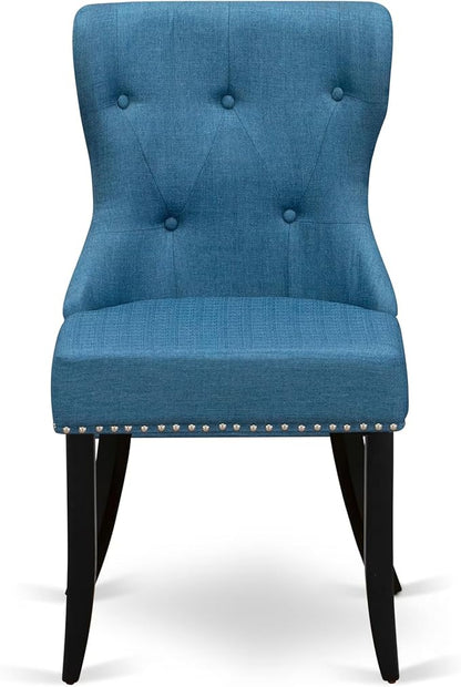 LESI9-SBB-21-9-Piece Dining Room Set Consists of a Modern Table and 8 Blue Linen Fabric Dining Room Chairs with Button Tufted Back - Sand Blasting Black Finish