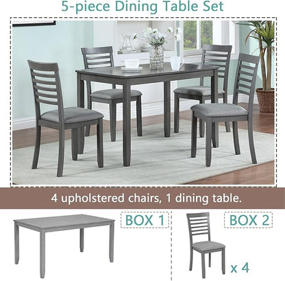 KEIKI 5-Piece Standard Height Dining Table Set with Rectangular Table and 4 Upholstered Ladder Backrset Chair, for 4 Person, Modern Wooden Table Set, Easy Assembly, for Kitchen, Dining Room, Gray