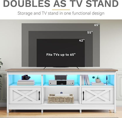 DWVO TV Stand for up to 65 Inch TV, Entertainment Center with Storage, TV Cabinet with Power Outlet & LED Light Strip, Media Console Television Stands for Living Room, White & Walnut