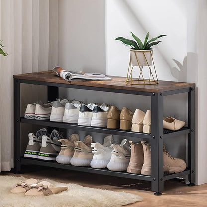 Apicizon Shoe Rack, 35.5 Inches 3-Tier Shoe Rack for Entryway with Long Seat and Metal Shelves for Garage, Industrial Storage Bench with Steel Structure for Living Room, Bedroom, Mudroom, Rustic Brown
