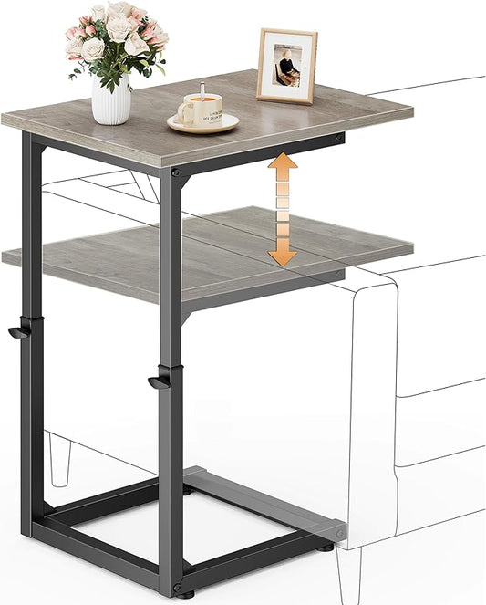 Vagusicc C Shaped End Table, 33" Tall Couch Table Adjustable Height Side Table, Sofa Table That Slide Under, C Table End Table TV Tray Coffee Arm Table for Living Room, Bedroom, Small Spaces, Gray