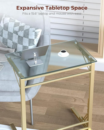 Tatub 24" Folding TV Tray Table, Glass C Shaped End Table for Couch, Small Sofa-Side Laptop Desk with Gold Metal Frame for Living Room, Bedroom, Bedside