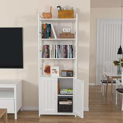White Bookshelf with Doors,70" Tall Bookcase with Storage Cabinet,6 Tier Book Shelf for Living Room/Bedroom/Home Office/Kitchen,70"(H)*26"(L)*11.8"(W)