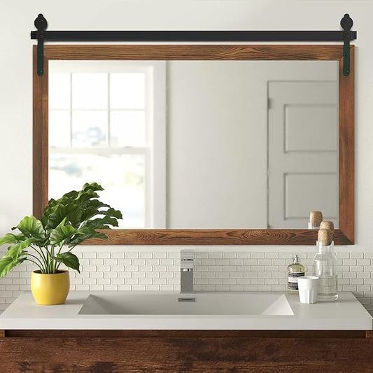 YOSHOOT Farmhouse Barn Door Mirror, 48"x30" Rustic Wood Framed Wall Mirror, Wall Mounted Vintage Mirror, Wooden Farmhouse Style for Bathroom Living Room Entryway, Brown, Horizontal Hanging ONLY
