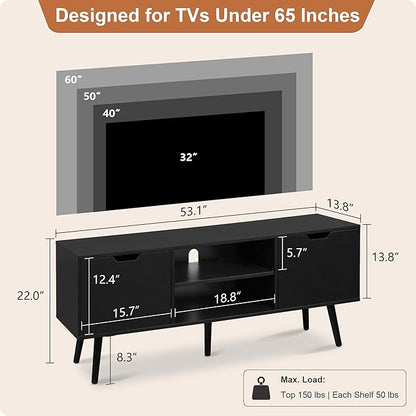 ALINE FURNITURE Black TV Stand for 50 55 60 inch TVs - Media Console with 2 Cabinets & Open Shelves, Solid Wood Legs - TV Consoles for Living Room - 22" H Entertainment Center for Bedroom