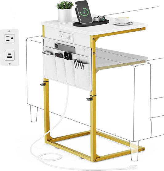 Vagusicc C Shaped End Table with Charging Station, Adjustable Height Side Table for Couch, Sofa Tables Laptop Couch Side Desk, Slide Under Sofa TV Tray Arm C Table for Living Room Bedroom, Golden