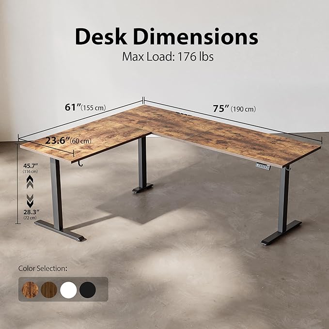 Agilestic L-Shaped Standing Desk Adjustable Height, Electric Corner Standing Desk, Sit Stand Up Desk, 75x61 inch Sit Stand Computer Table, Rustic Brown