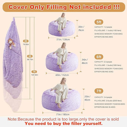 5FT Bean Bag Cover for Stuffed Animals Machine Washable, Gaming Bean Bag Chairs for Adults Teens Girls, Lovely Cute Bean Bag Storage Stuffed Animal, Purple