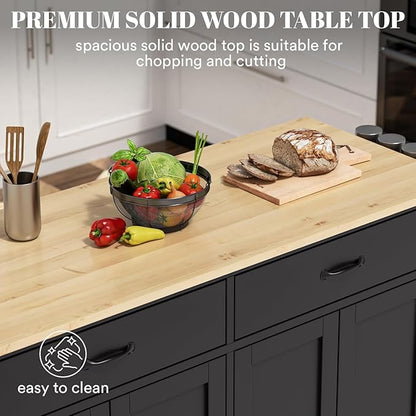 Rovibek Large Wood Island Table with Storage, 54 in Width, Portable Moveable Kitchen Island on Wheels, Black with Drawers Cabinet Spice Rack Towel Rack