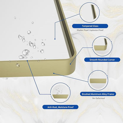 WEER Gold Bathroom Mirror, 24X32 Inch Brushed Gold Metal Frame Mirror, Rounded Rectangle Gold Bathroom Vanity Mirror for Wall, Tempered Glass, Anti-Rust, Hangs Horizontally or Vertically
