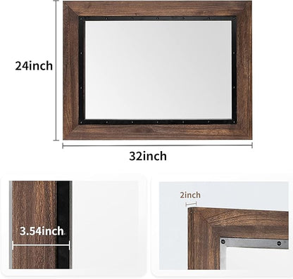 YOSHOOT Rustic Wooden Framed Wall Mirror, Natural Wood and Iron Bathroom Vanity Mirror for Farmhouse Decor, Vertical or Horizontal Hanging