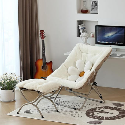 Living Room Chair, Soft Faux Fur Folded Chair Oversized Folding Accent Chair, Furry Lounge Lazy Chair, Metal Frame Moon Chair for Bedroom, Living Room