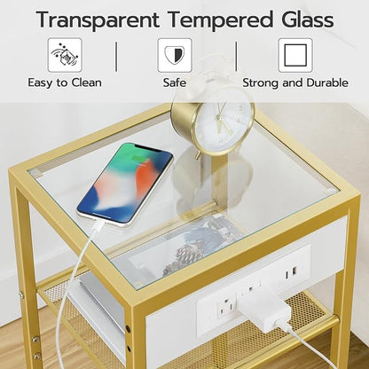HOOBRO End Table with Charging Station, Side Table with USB Port & Power Outlets, 3-Tier Slim Nightstand with Storage Shelves, Tempered Glass, for Living Room, Bedroom, Gold GD77UBZ01