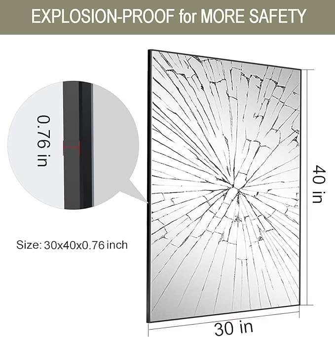 Black Bathroom Mirror 30x40, Rectangle Wall Mirror 30 x 40 inch, Metal Frame Mirror 40x30, Large Vanity Mirror 30 by 40, Modern Wall Mounted Mirrors, Hung in Horizontal or Vertical